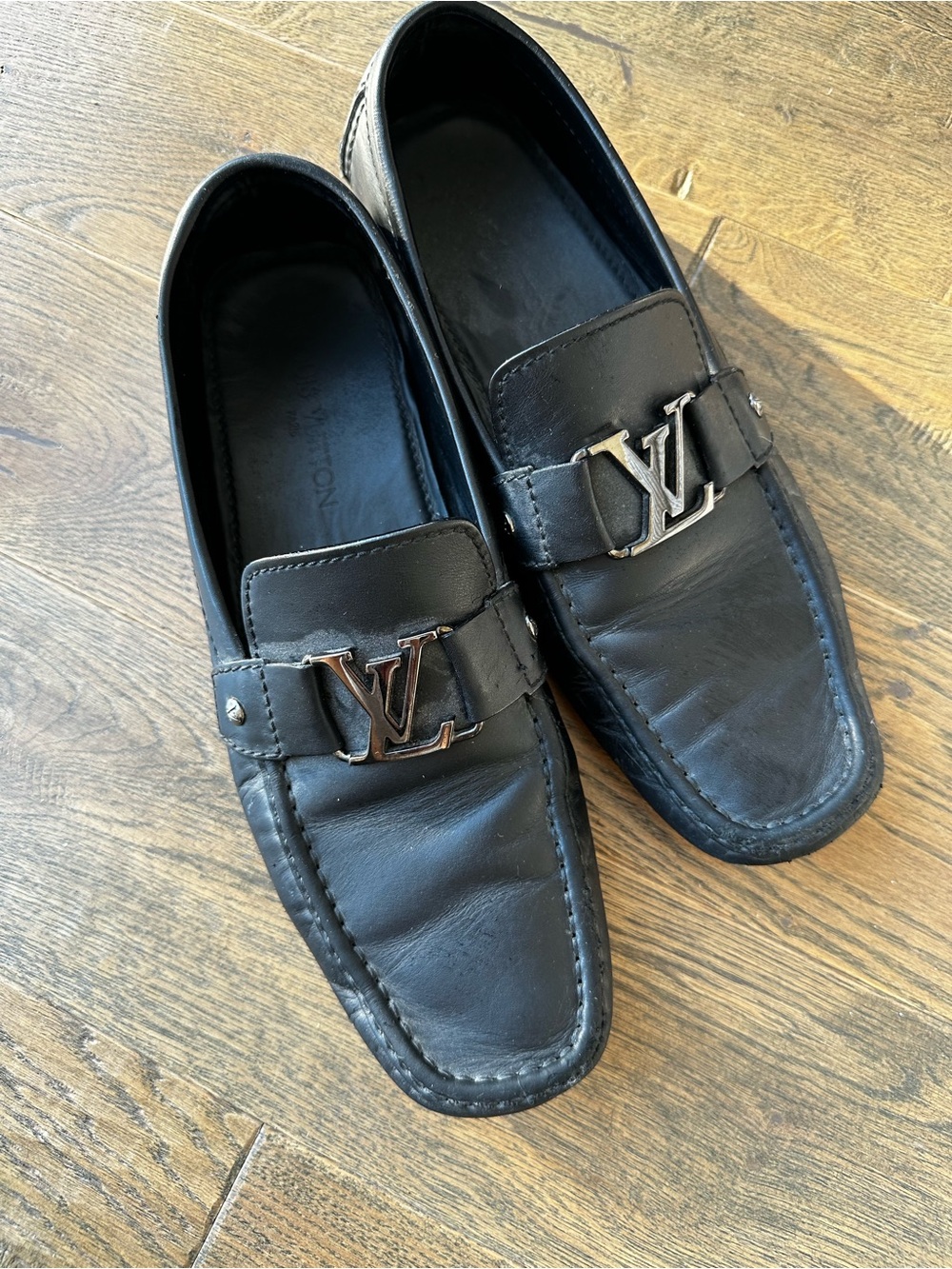 Louis Vuitton Black Leather LV Logo Bit Slip-On Loafers